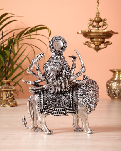 Silver plated Goddess Durga Ambe Mata Sitting on Lion - 8" Tall brass idol - Budhshiv.com