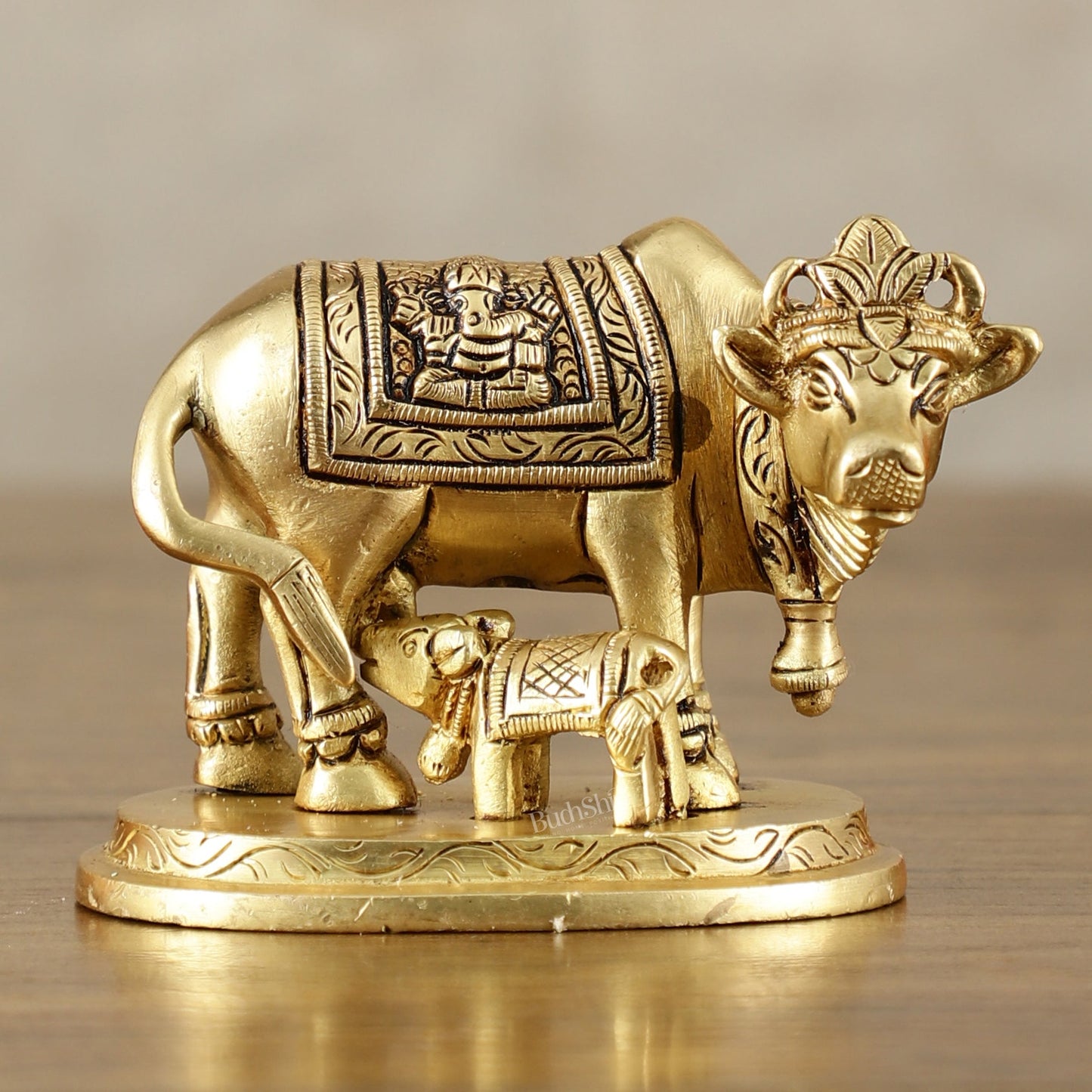 Small Brass kamdhenu Cow and Calf Idol 3" - Budhshiv.com