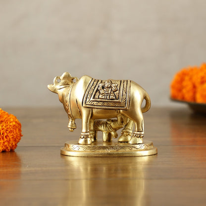 Small Brass kamdhenu Cow and Calf Idol 3" - Budhshiv.com