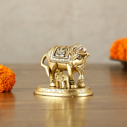 Small Brass kamdhenu Cow and Calf Idol 3" - Budhshiv.com