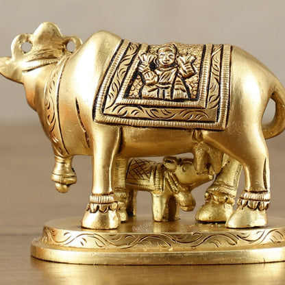 Small Brass kamdhenu Cow and Calf Idol 3" - Budhshiv.com