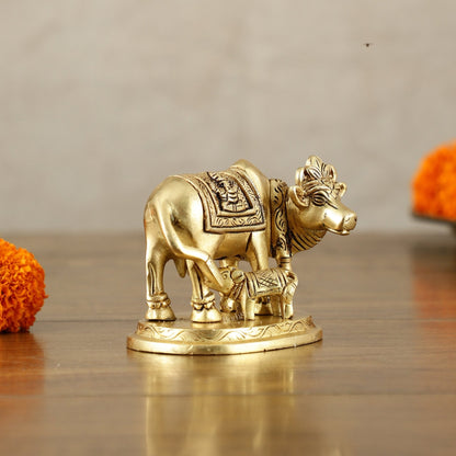 Small Brass kamdhenu Cow and Calf Idol 3" - Budhshiv.com