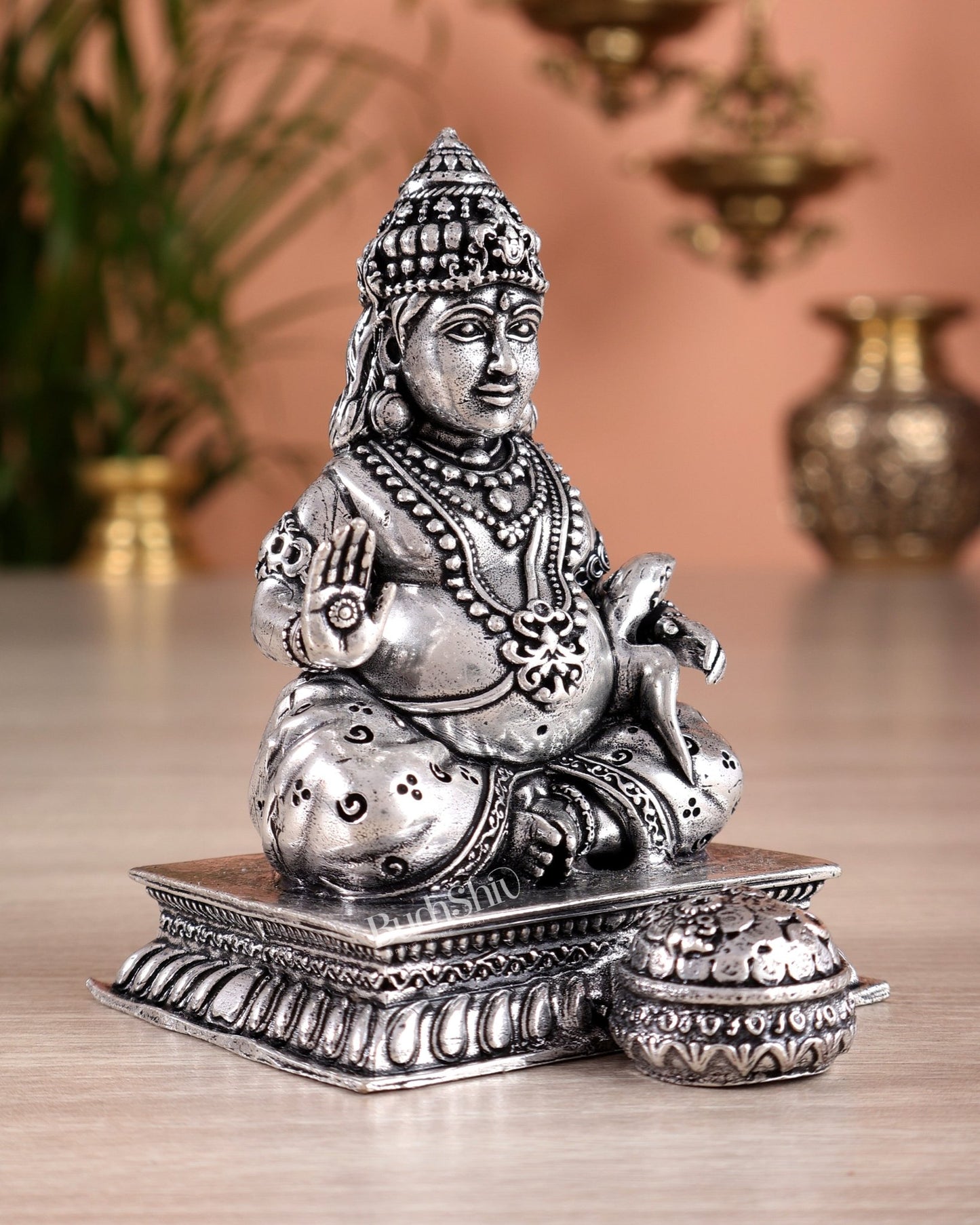 Small Lightweight Brass Lord Kubera Idol silver plated - 3 - inch - Budhshiv.com