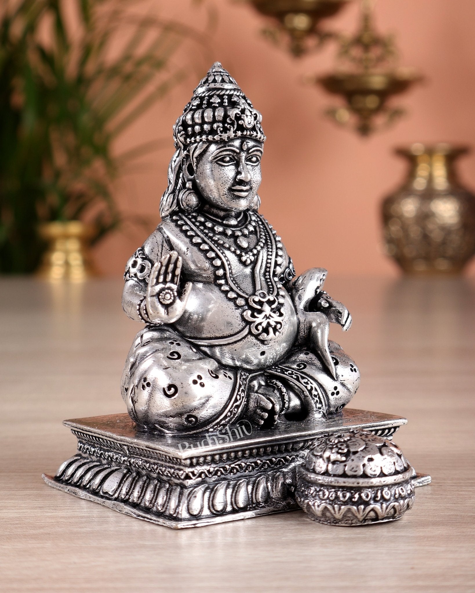 Small Lightweight Brass Lord Kubera Idol silver plated - 3 - inch - Budhshiv.com