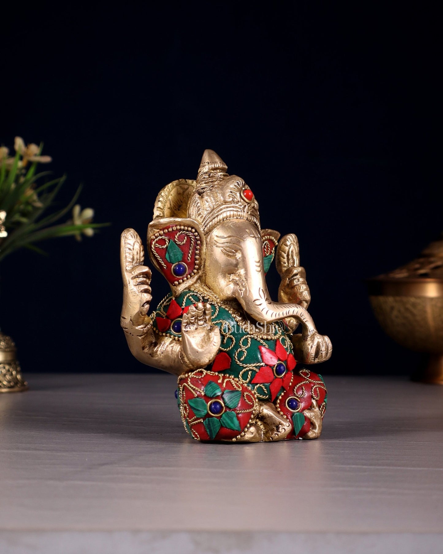 Small Pure Brass Lord Ganesha Idol floral Stonework - 5 Inch - Budhshiv.com
