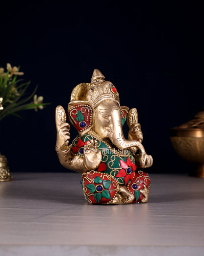 Small Pure Brass Lord Ganesha Idol floral Stonework - 5 Inch - Budhshiv.com