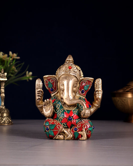 Small Pure Brass Lord Ganesha Idol floral Stonework - 5 Inch - Budhshiv.com