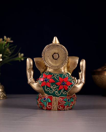 Small Pure Brass Lord Ganesha Idol floral Stonework - 5 Inch - Budhshiv.com