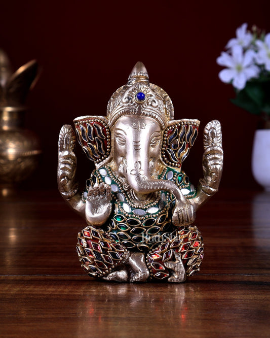 Small Pure Brass Lord Ganesha Idol meenakari - 5 Inch - Budhshiv.com