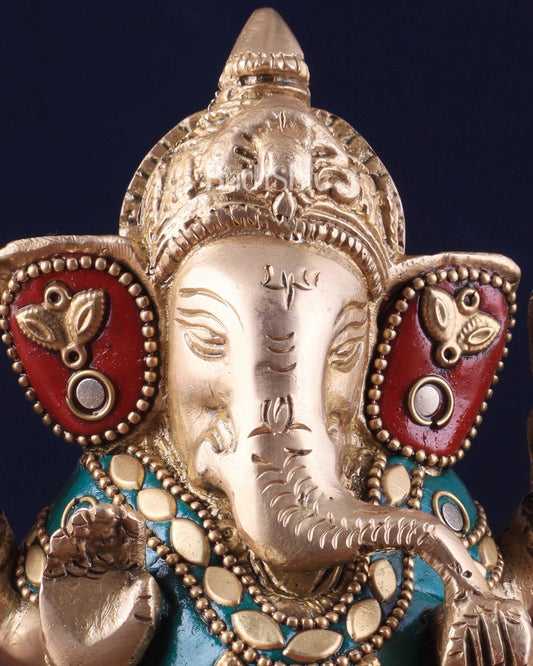 Small Pure Brass Lord Ganesha Idol with Stonework - 5 Inch - Budhshiv.com