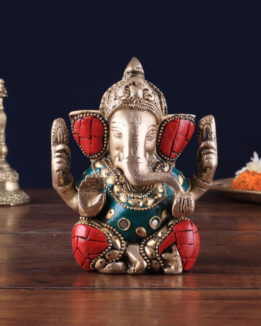 Small Pure Brass Lord Ganesha Idol with Stonework - 5 Inch - Budhshiv.com