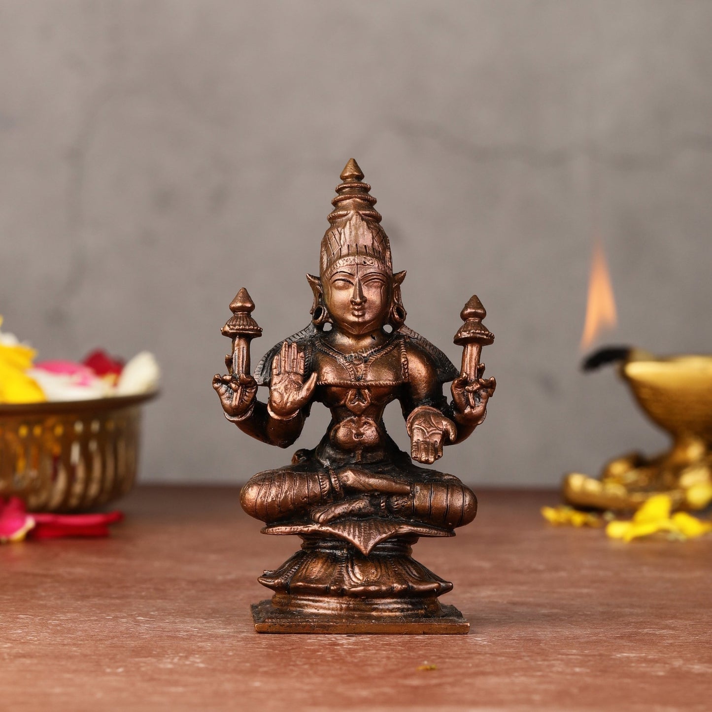 Small Pure Copper Devi Padmavati (Lakshmi) Idol - 3.5 - inch - Budhshiv.com