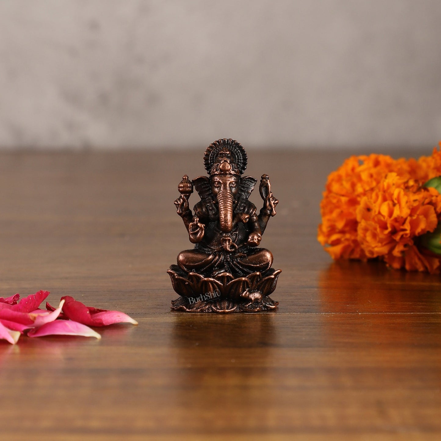 Small Pure Copper Ganapati on Lotus Idol | 2.5" - Budhshiv.com
