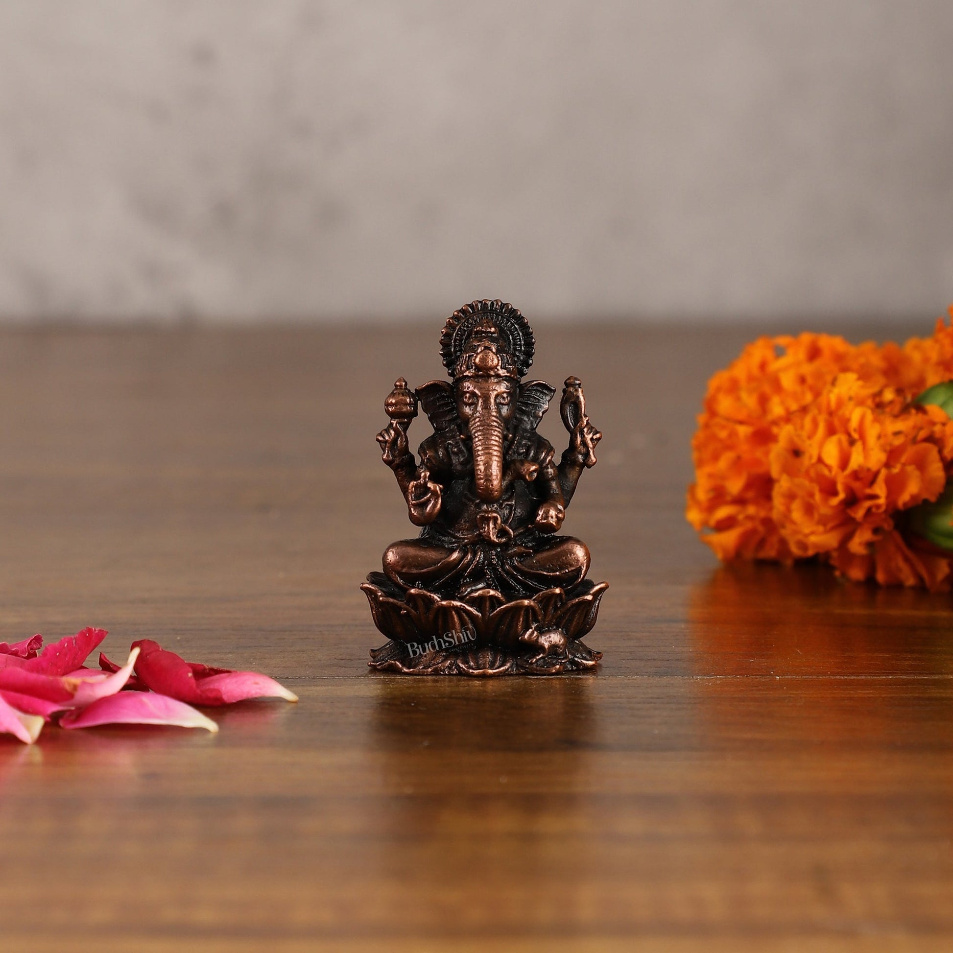 Small Pure Copper Ganapati on Lotus Idol | 2.5" - Budhshiv.com