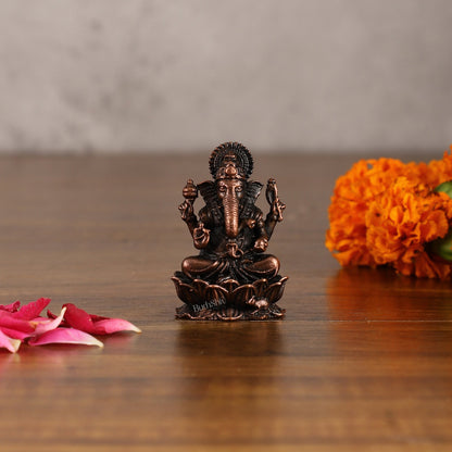 Small Pure Copper Ganapati on Lotus Idol | 2.5" - Budhshiv.com