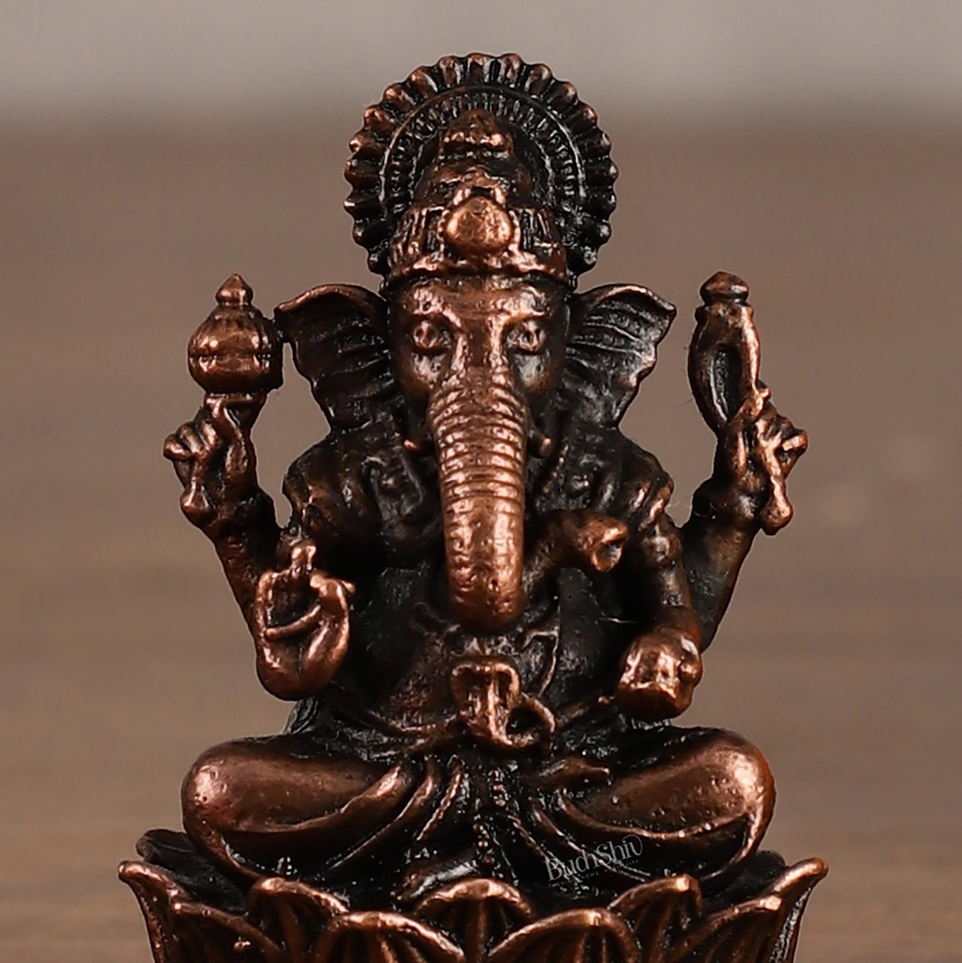 Small Pure Copper Ganapati on Lotus Idol | 2.5" - Budhshiv.com