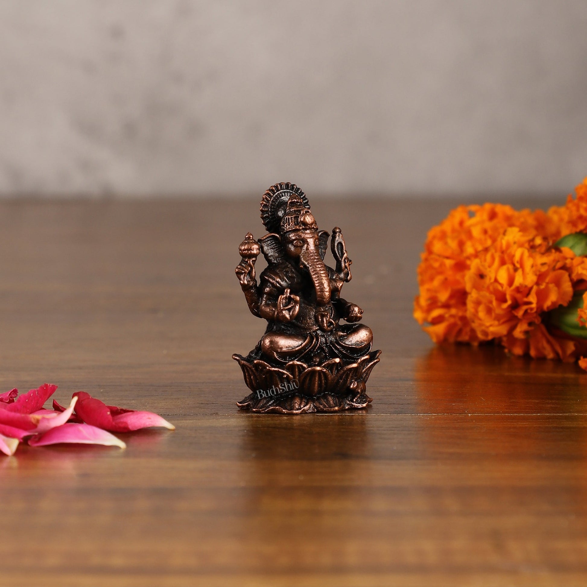 Small Pure Copper Ganapati on Lotus Idol | 2.5" - Budhshiv.com