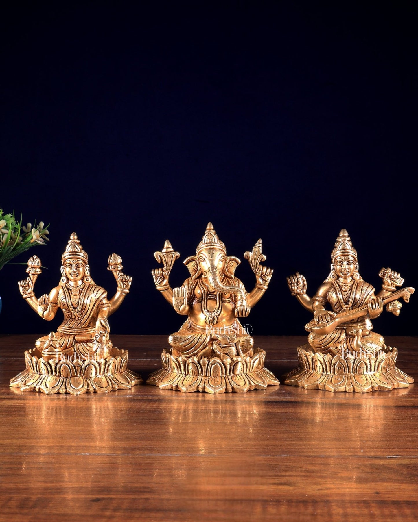 Solid Brass Ganesh Lakshmi Saraswati on Lotus Idols – Perfect for Pooja Rooms 6 inch - Budhshiv.com