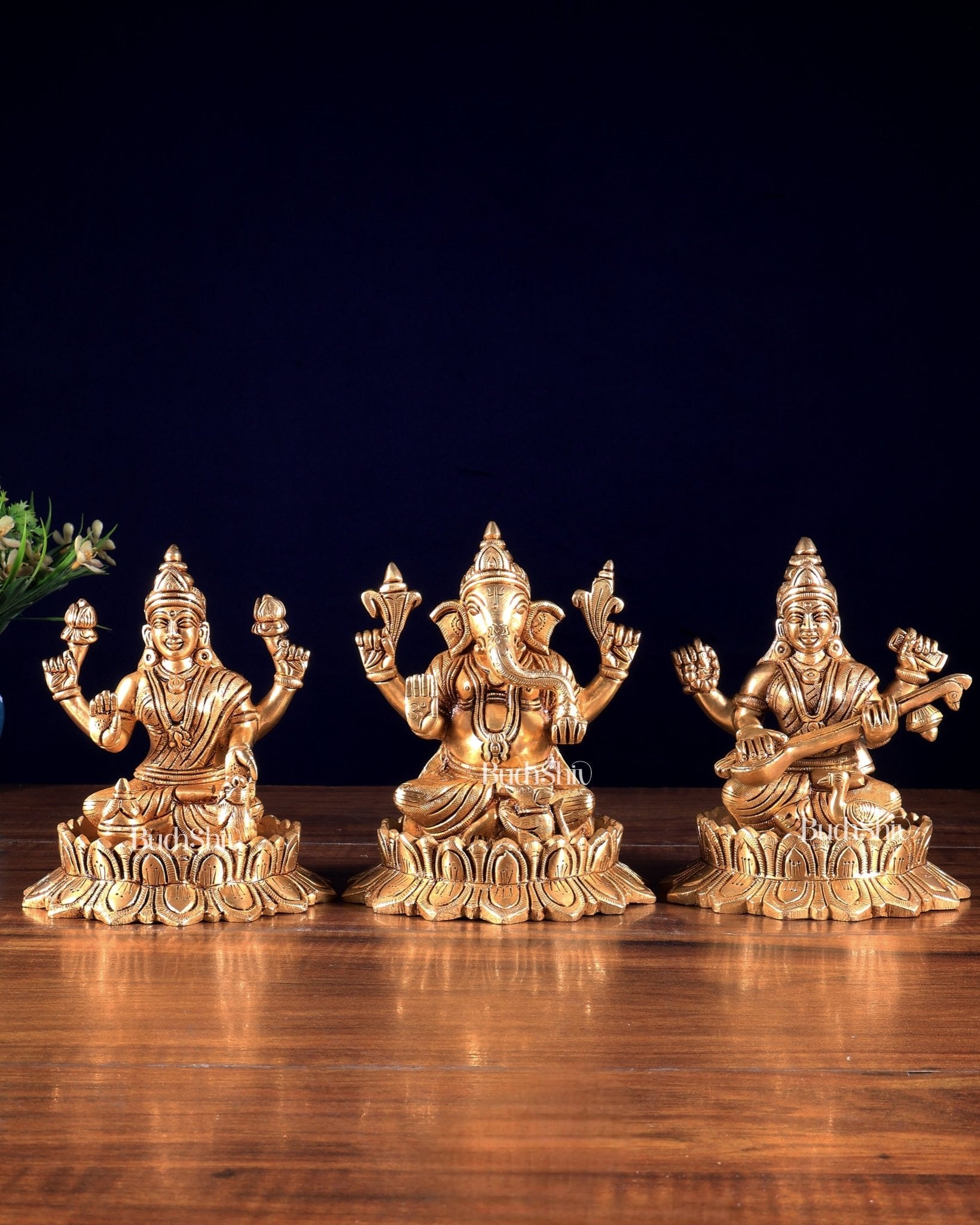 Solid Brass Ganesh Lakshmi Saraswati on Lotus Idols – Perfect for Pooja Rooms 6 inch - Budhshiv.com