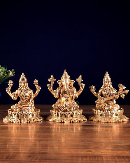 Solid Brass Ganesh Lakshmi Saraswati on Lotus Idols – Perfect for Pooja Rooms 6 inch - Budhshiv.com