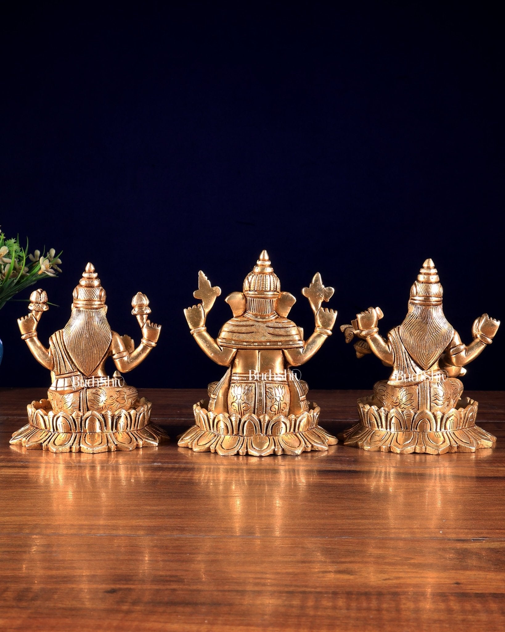 Solid Brass Ganesh Lakshmi Saraswati on Lotus Idols – Perfect for Pooja Rooms 6 inch - Budhshiv.com