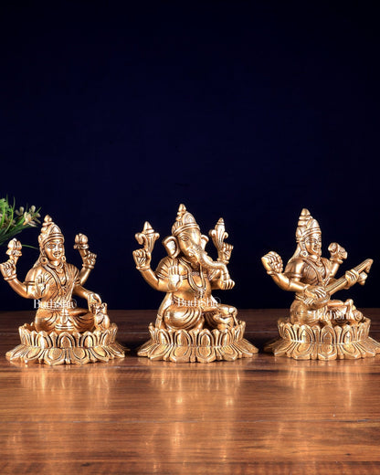 Solid Brass Ganesh Lakshmi Saraswati on Lotus Idols – Perfect for Pooja Rooms 6 inch - Budhshiv.com