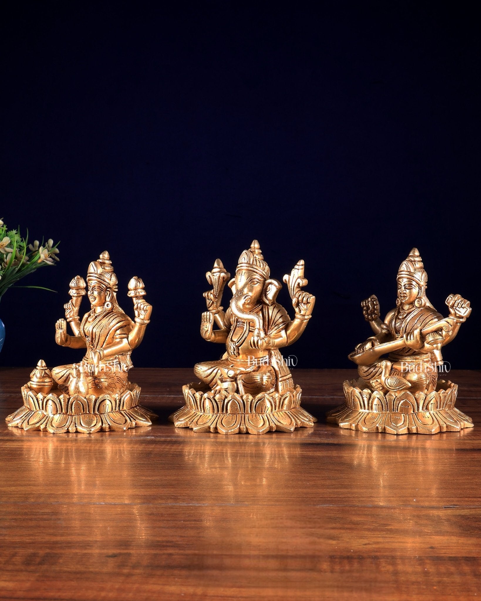 Solid Brass Ganesh Lakshmi Saraswati on Lotus Idols – Perfect for Pooja Rooms 6 inch - Budhshiv.com