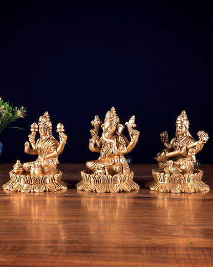 Solid Brass Ganesh Lakshmi Saraswati on Lotus Idols – Perfect for Pooja Rooms 6 inch - Budhshiv.com