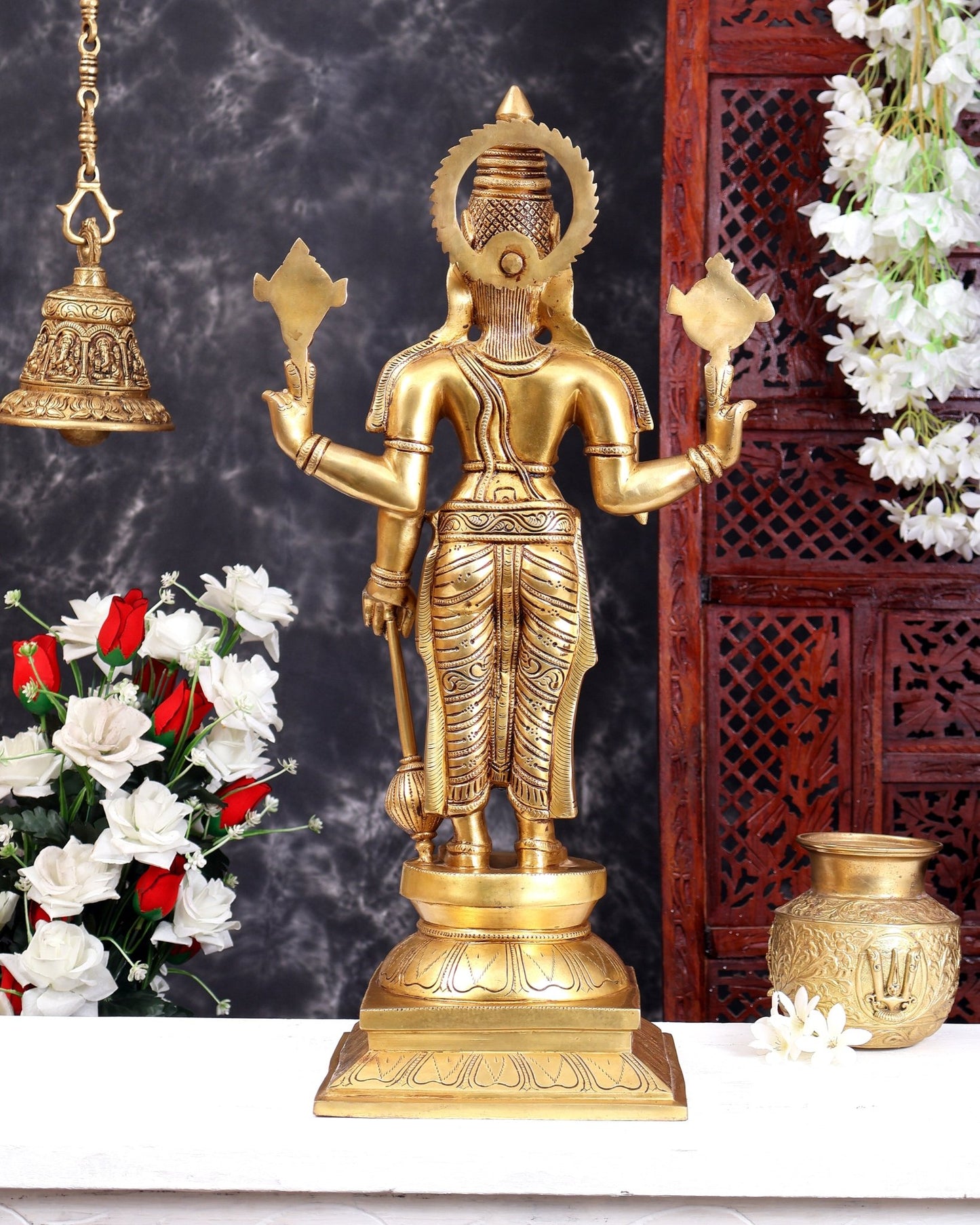 Solid Brass Large Lord Vishnu Statue – Handcrafted Traditional Temple Sculpture 25 inch - Budhshiv.com