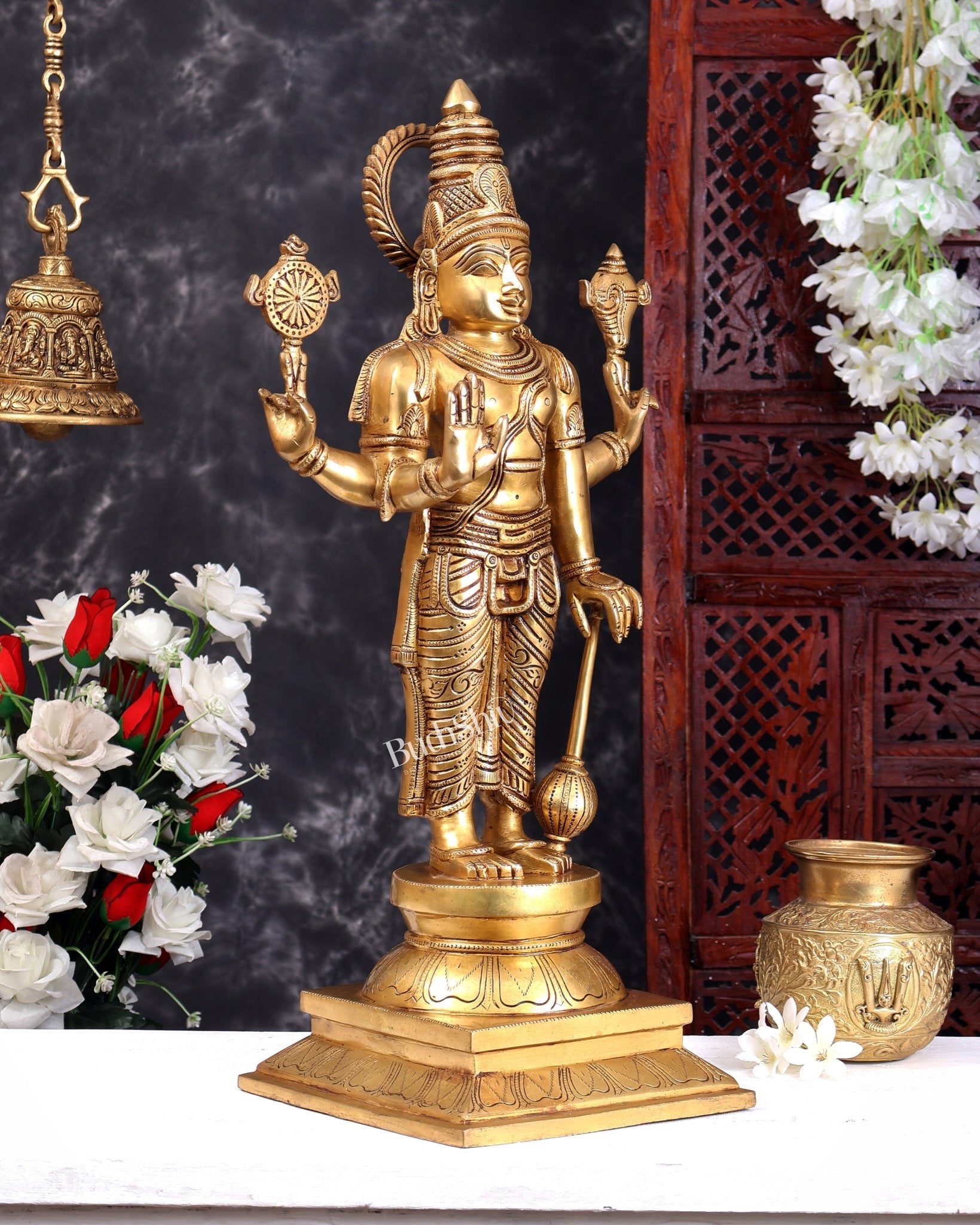 Solid Brass Large Lord Vishnu Statue – Handcrafted Traditional Temple Sculpture 25 inch - Budhshiv.com