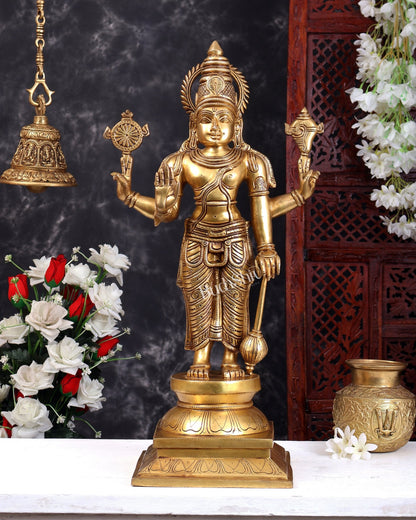 Solid Brass Large Lord Vishnu Statue – Handcrafted Traditional Temple Sculpture 25 inch - Budhshiv.com
