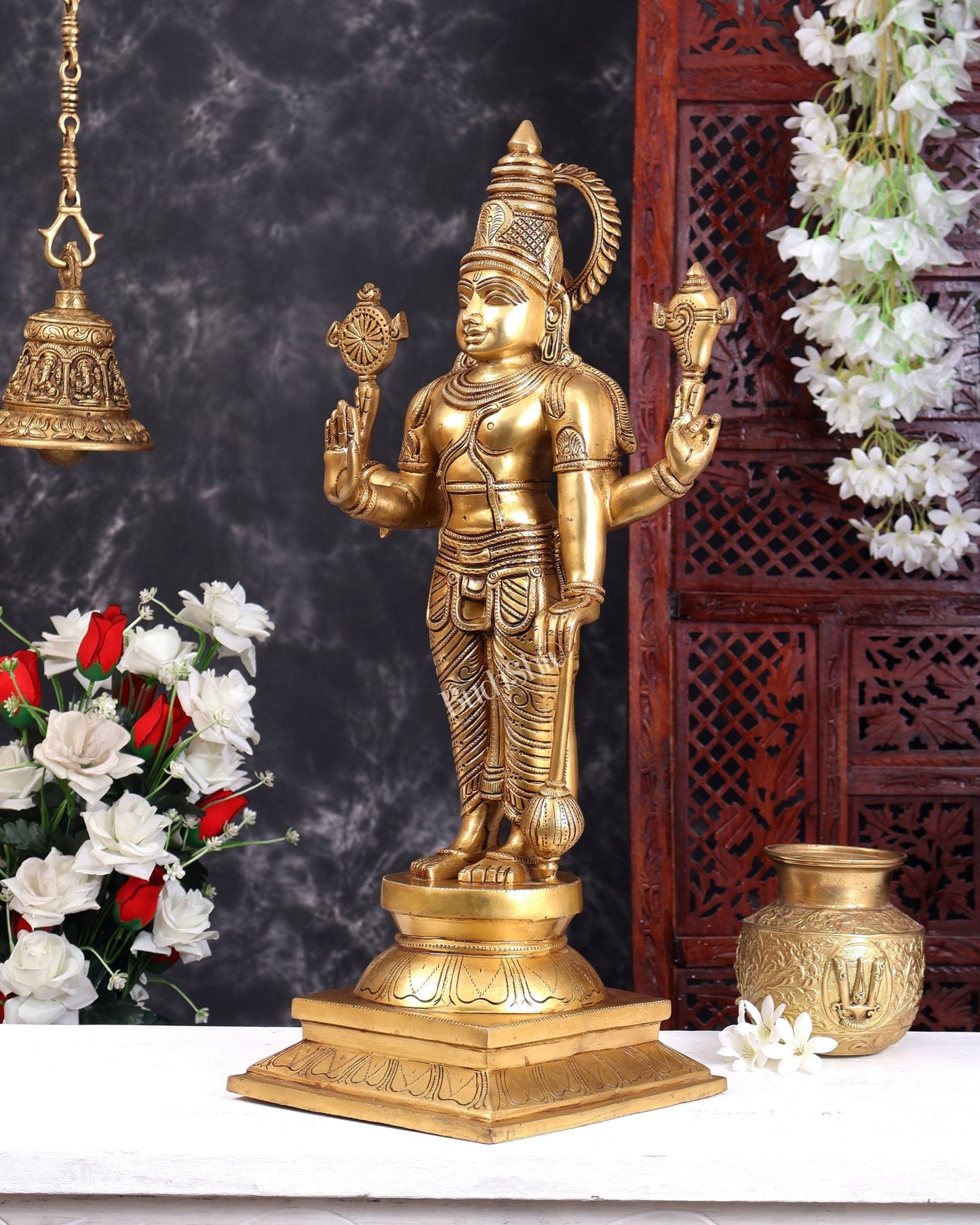 Solid Brass Large Lord Vishnu Statue – Handcrafted Traditional Temple Sculpture 25 inch - Budhshiv.com