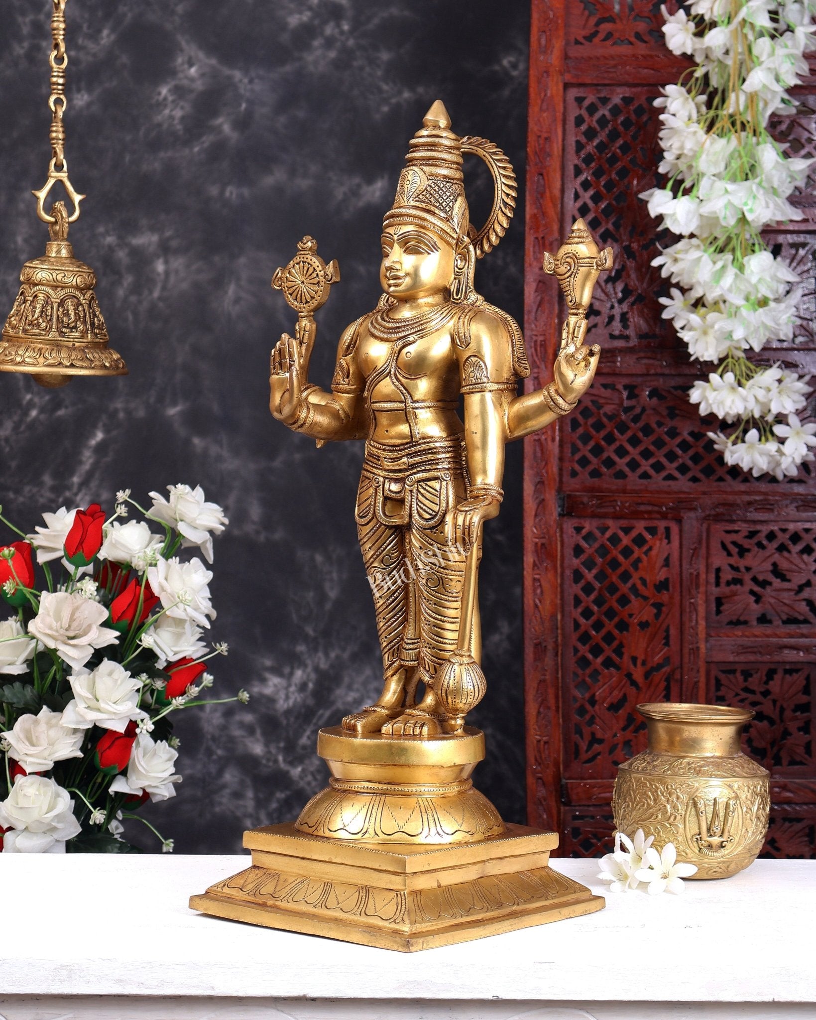 Solid Brass Large Lord Vishnu Statue – Handcrafted Traditional Temple Sculpture 25 inch - Budhshiv.com