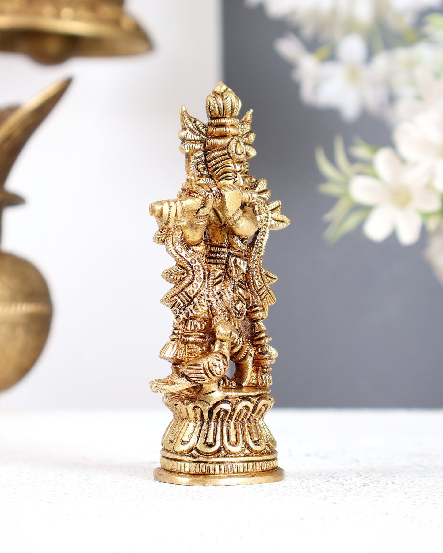 Solid Brass Lord Krishna Statue – Small Handcrafted Intricate Idol 4.5 inch - Budhshiv.com