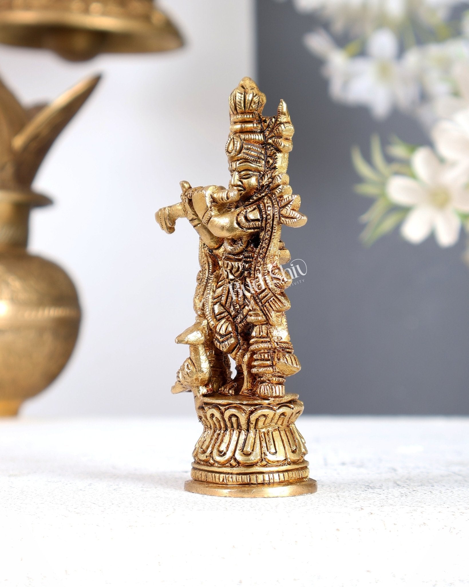 Solid Brass Lord Krishna Statue – Small Handcrafted Intricate Idol 4.5 inch - Budhshiv.com