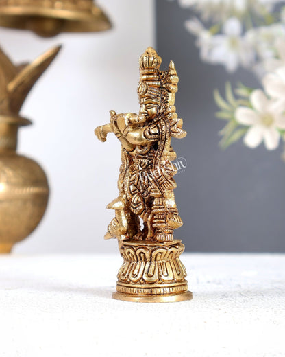 Solid Brass Lord Krishna Statue – Small Handcrafted Intricate Idol 4.5 inch - Budhshiv.com