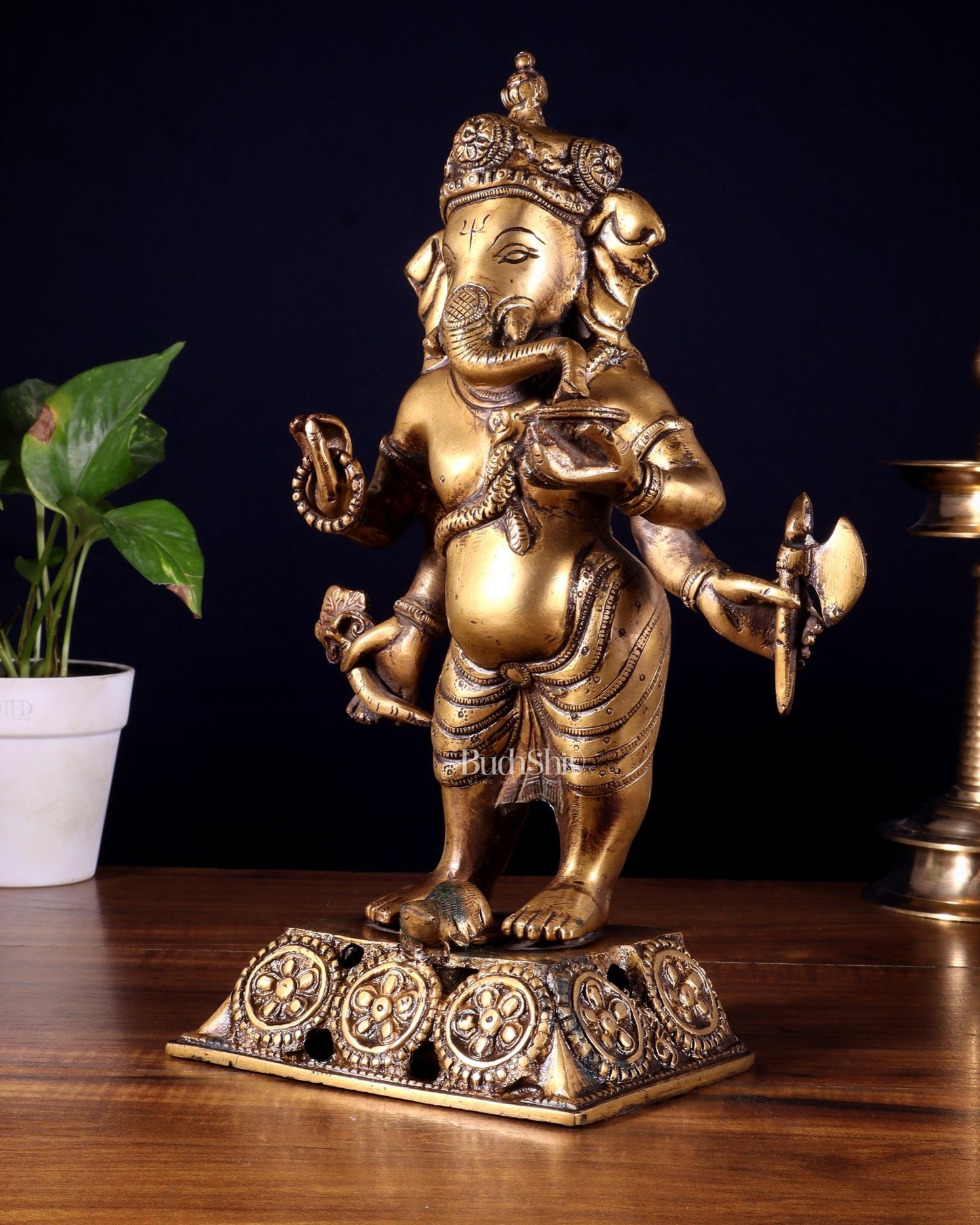 Standing Brass Ganesha Idol | 12.5 - inch Height - Budhshiv.com