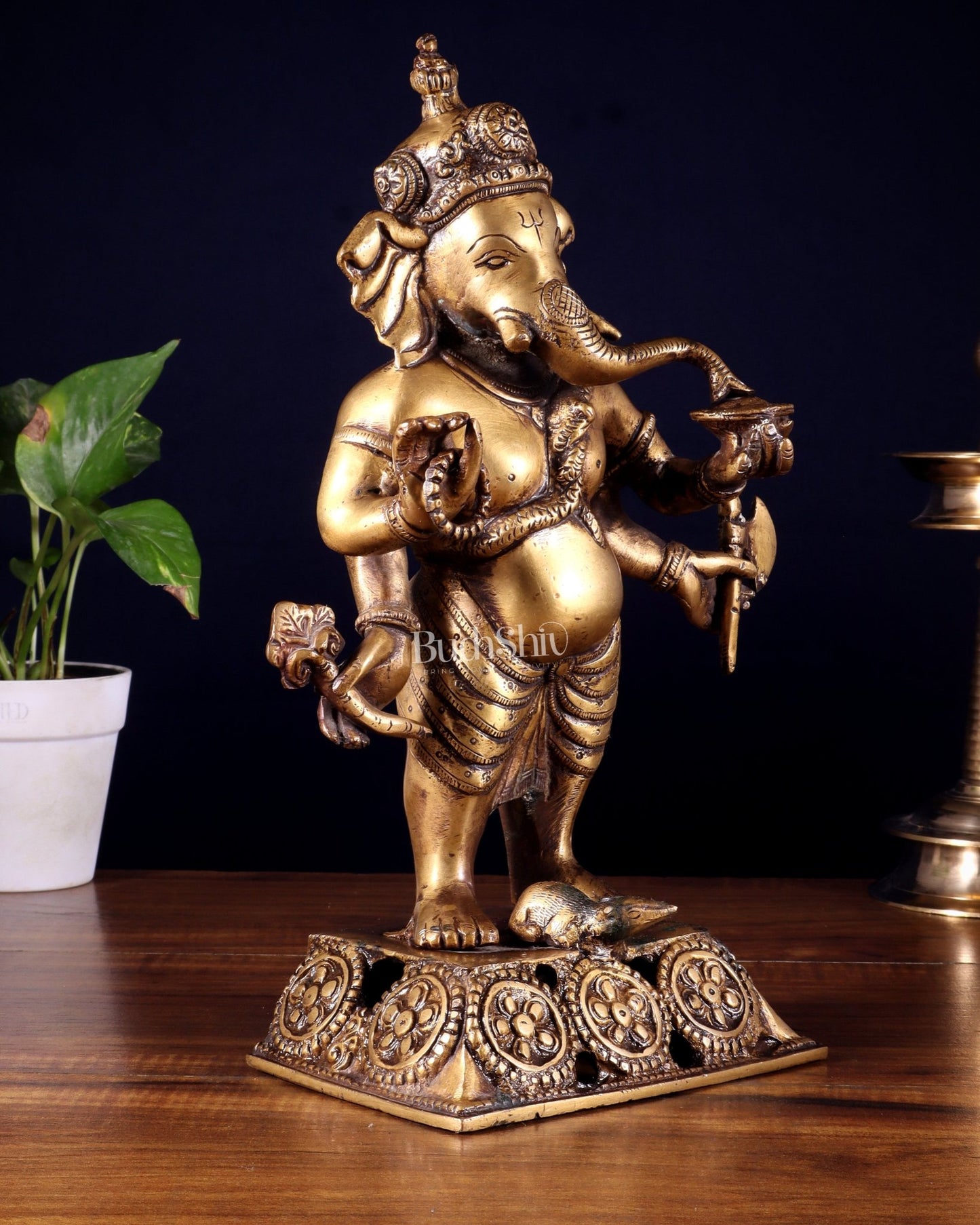 Standing Brass Ganesha Idol | 12.5 - inch Height - Budhshiv.com