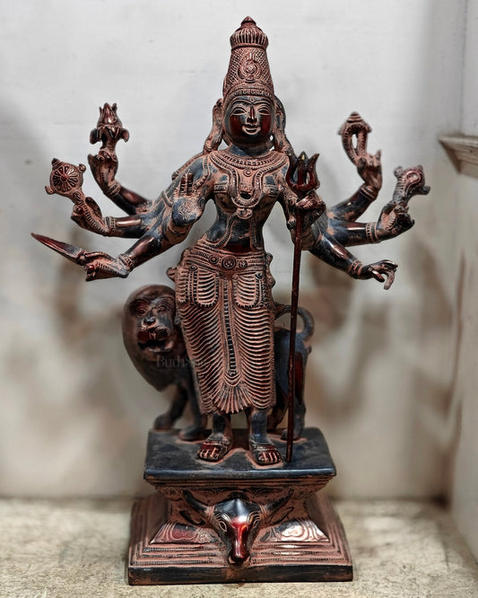 Standing Durga Brass idol with 8 arms and lion 18 inch antique - Budhshiv.com