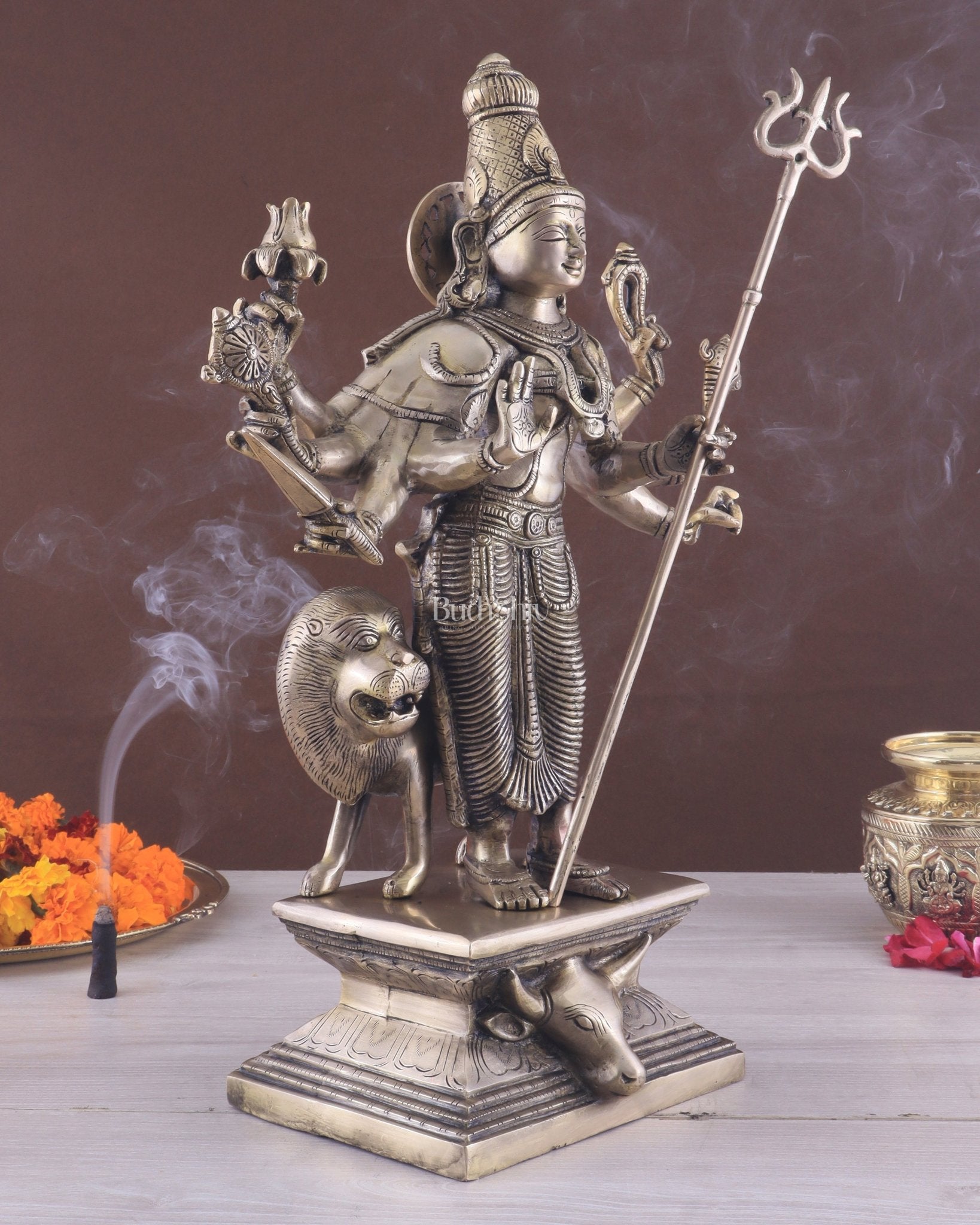 Standing Durga Brass idol with 8 arms and lion 18 inch - Budhshiv.com