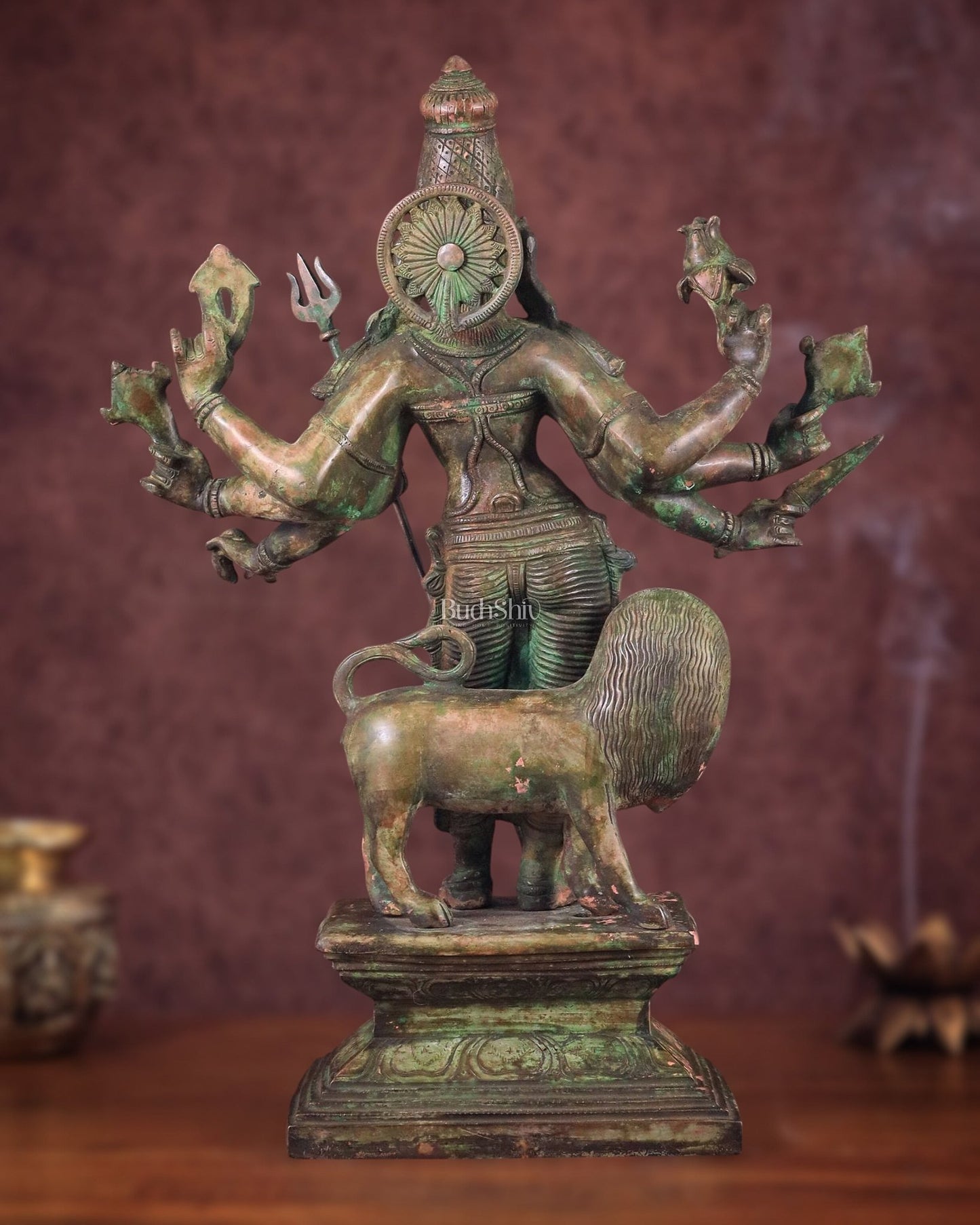 Standing Durga Brass idol with lion 18 inch green - Budhshiv.com