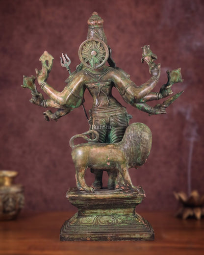 Standing Durga Brass idol with lion 18 inch green - Budhshiv.com