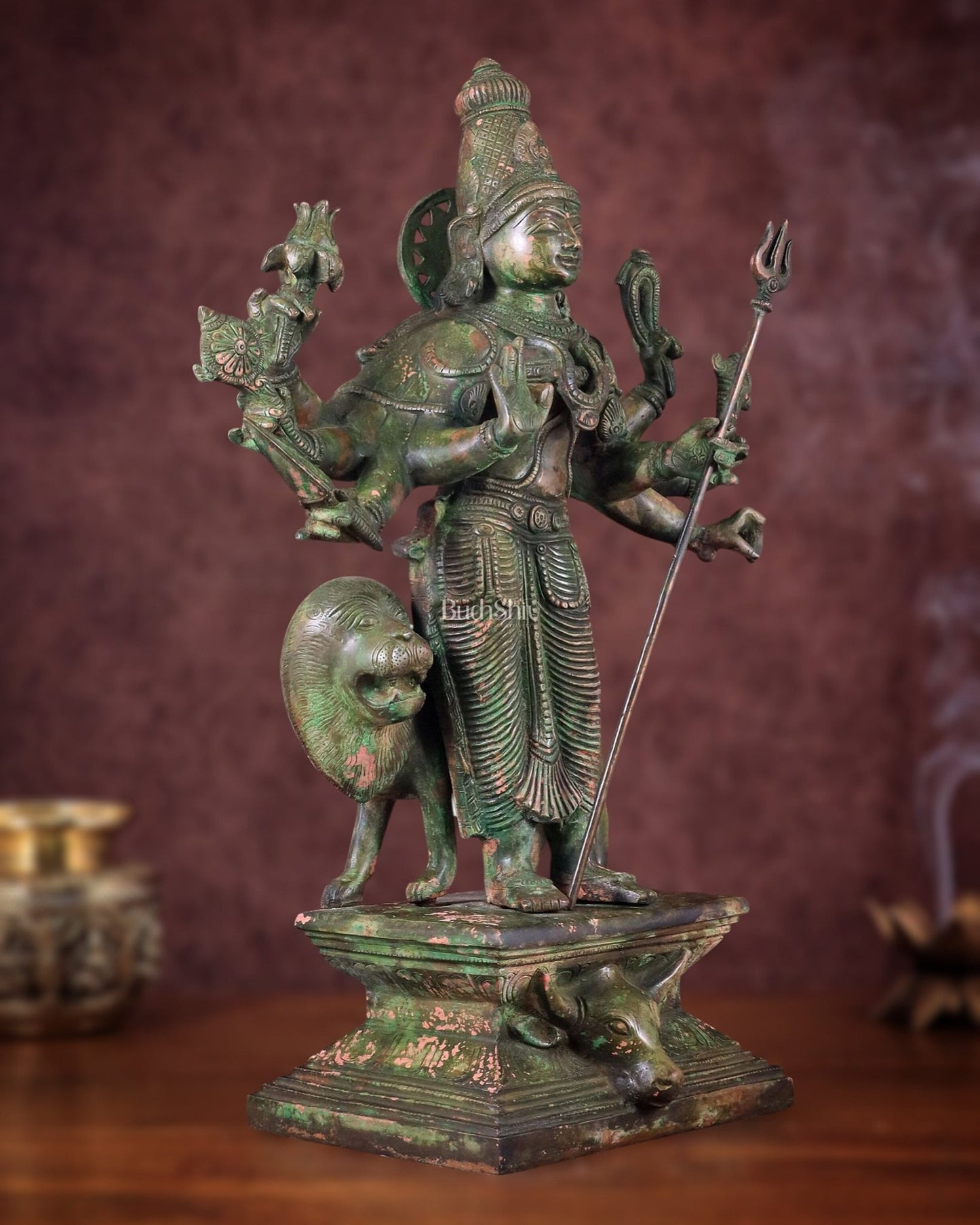 Standing Durga Brass idol with lion 18 inch green - Budhshiv.com