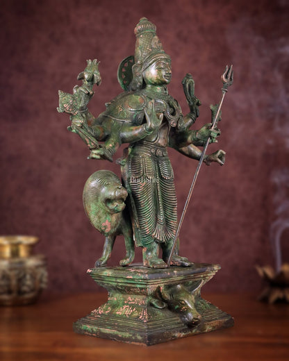 Standing Durga Brass idol with lion 18 inch green - Budhshiv.com
