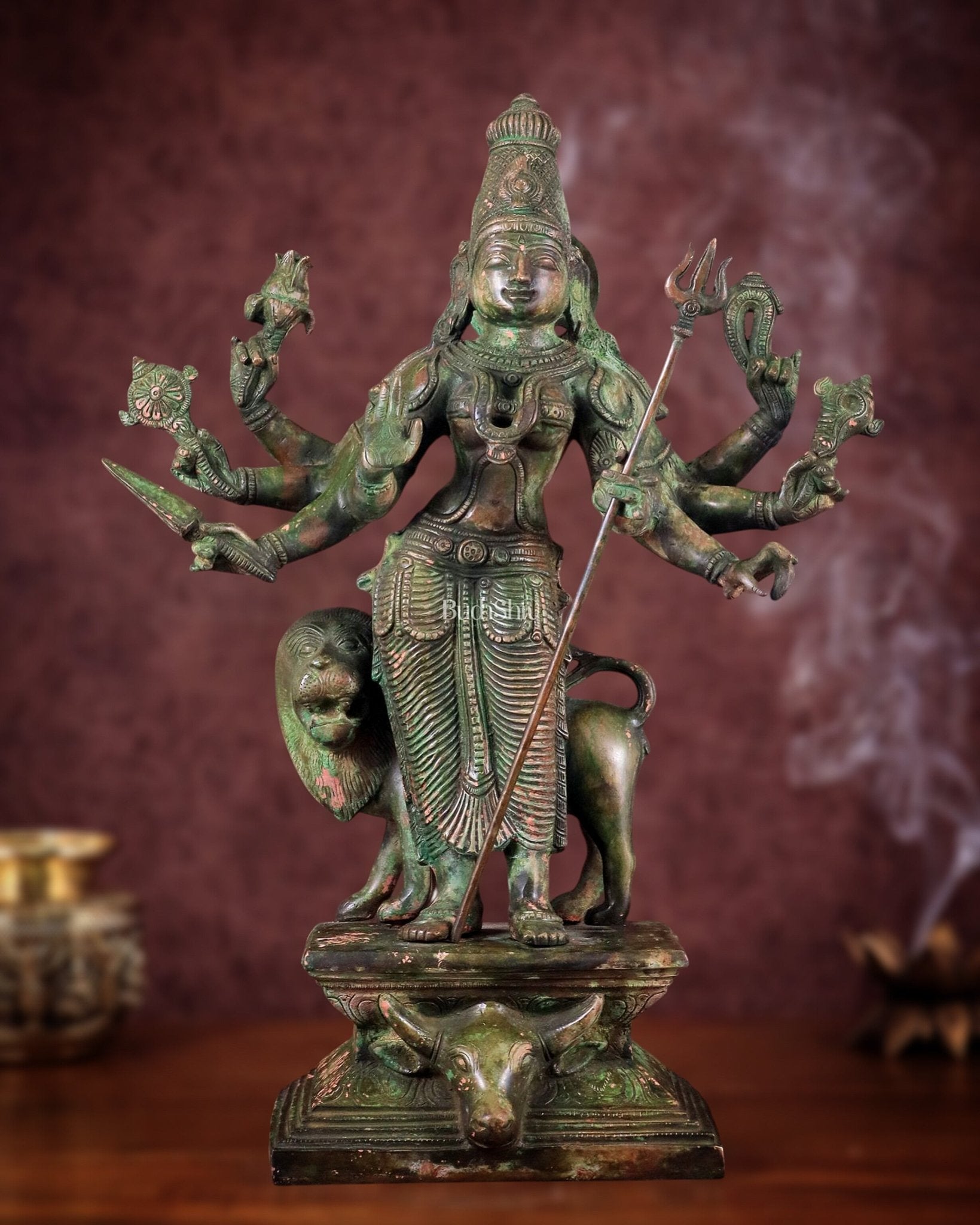 Standing Durga Brass idol with lion 18 inch green - Budhshiv.com