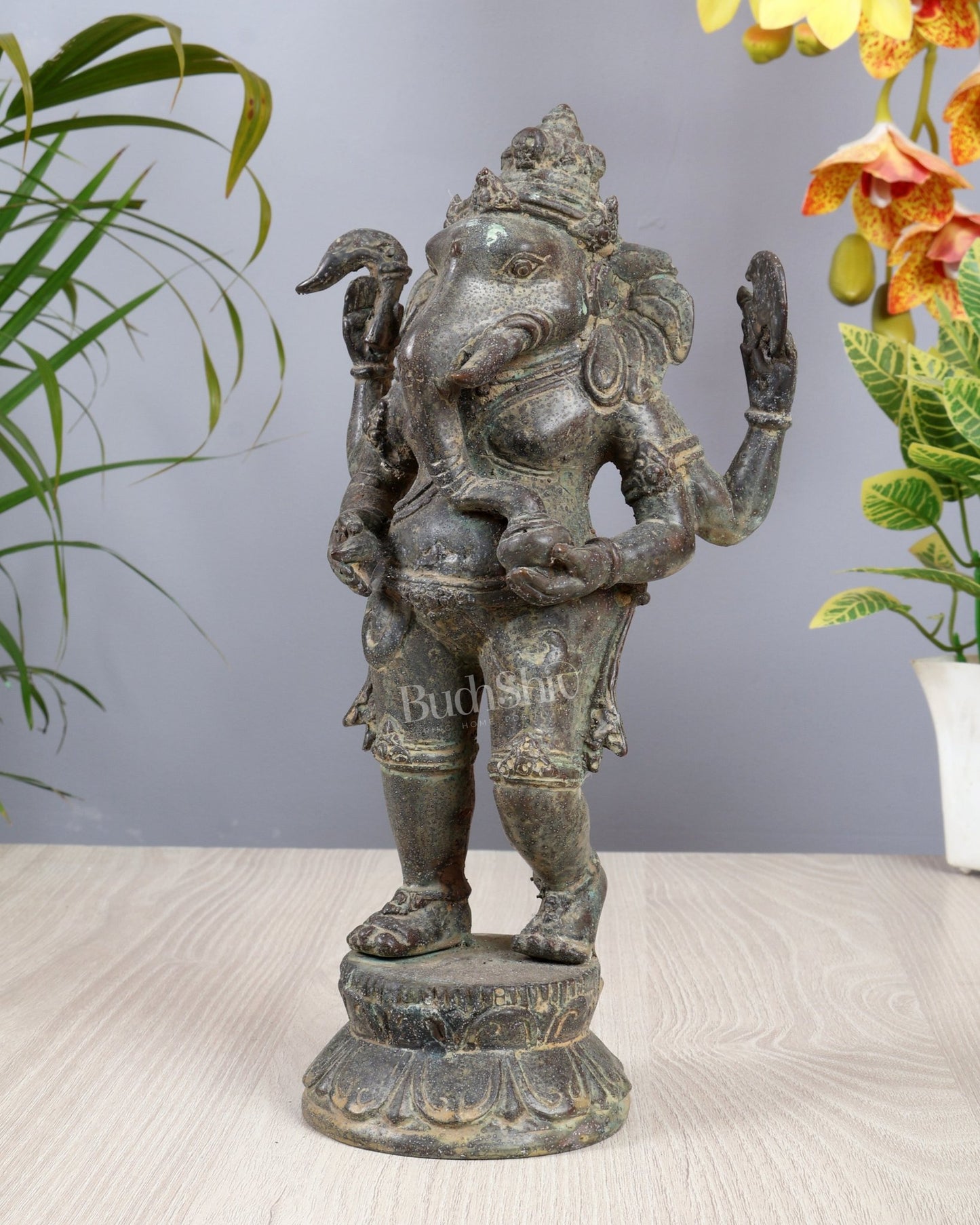 Standing Ganesha – Vintage Bronze Sculpture, Balinese Artistry 11.5" - Budhshiv.com