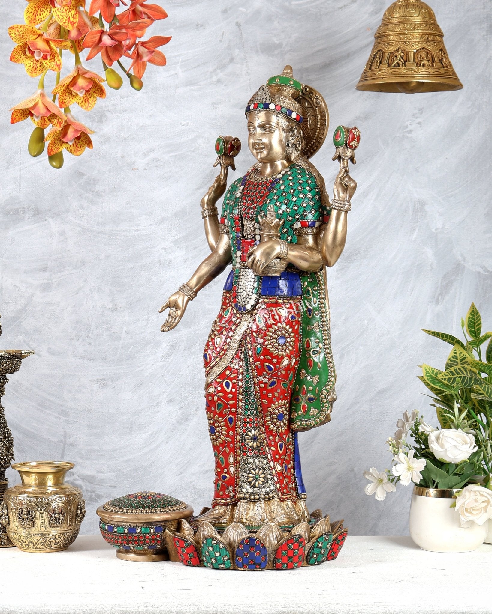 Standing Lakshmi Brass statue meenakari - 25 inch - Budhshiv.com