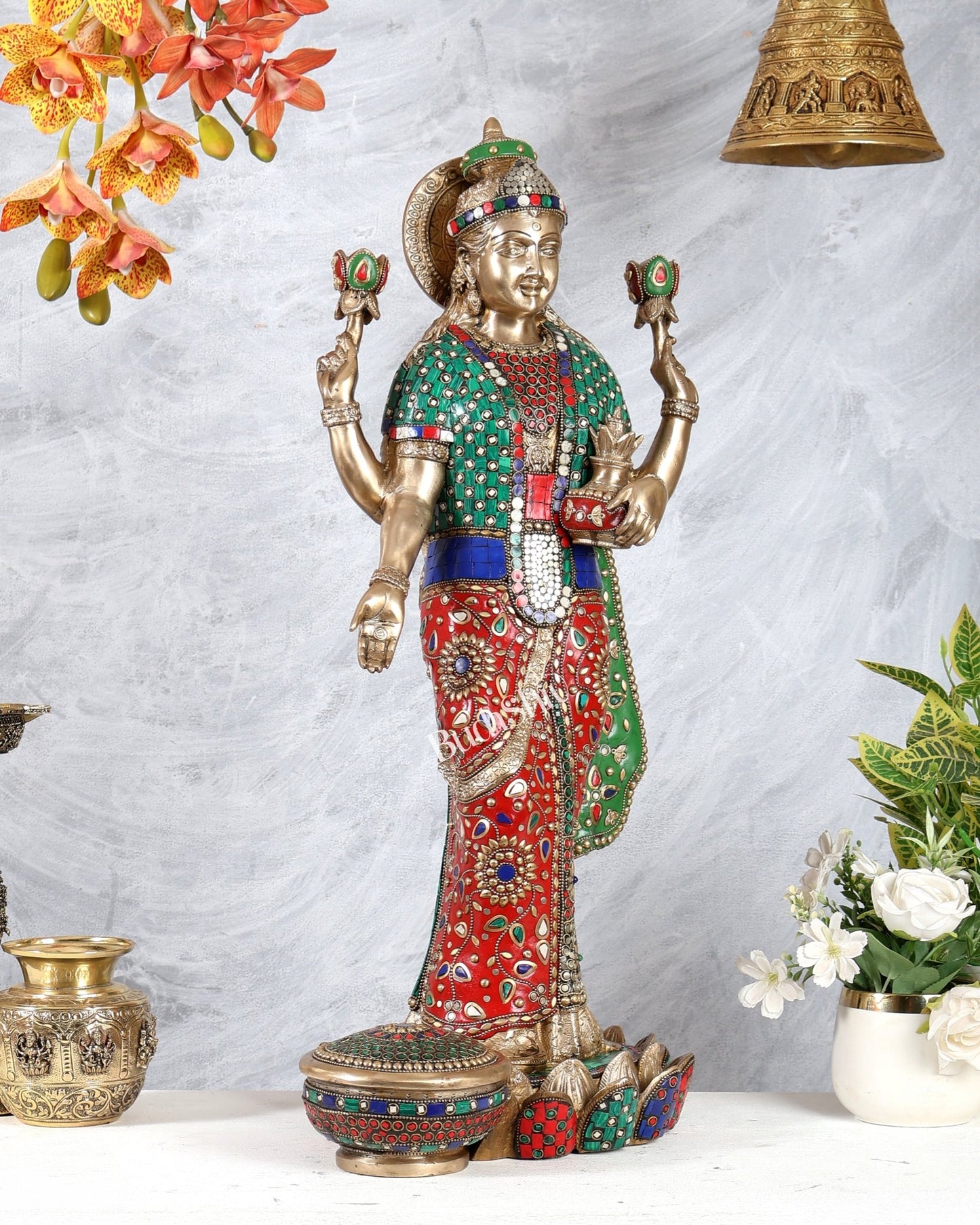 Standing Lakshmi Brass statue meenakari - 25 inch - Budhshiv.com