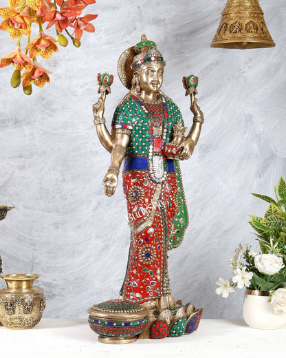 Standing Lakshmi Brass statue meenakari - 25 inch - Budhshiv.com