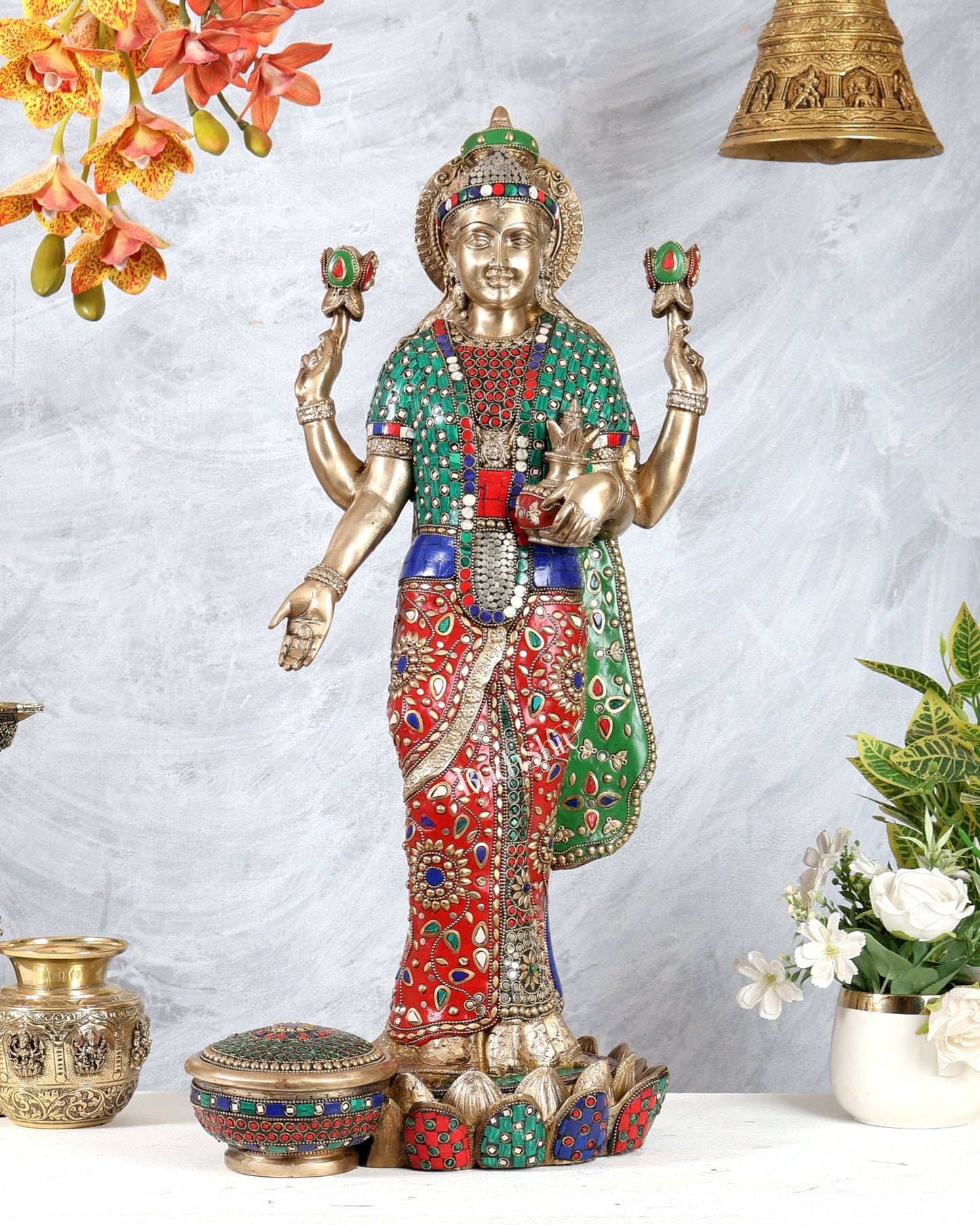 Standing Lakshmi Brass statue meenakari - 25 inch - Budhshiv.com